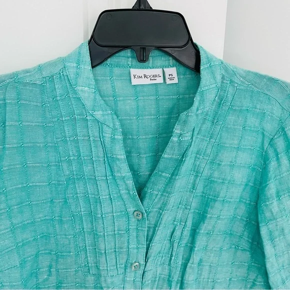 Kim Rogers Linen/Cotton 3/4 Sleeve Button Down Shirt Turquoise - Picture 4 of 14